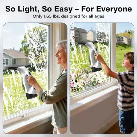 Elderly woman and young boy using Cordless Window Vacuum Squeegee With 2000 Pa Suction 2200mAh Battery And 150 ML Water Tank on window.