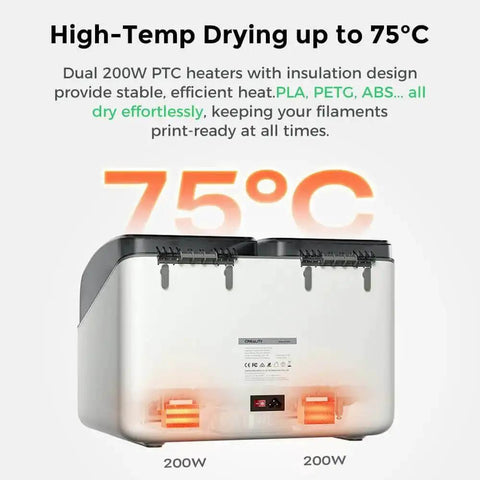 SpacePi X4L Filament Dryer And Storage Box with dual heating chambers, showing 200W heating elements and 75C temperature on display