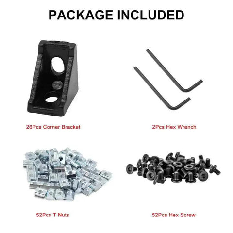 26Pcs 2020 Corner Bracket Set For Aluminum Extrusion 8020 V Slot T Slot 3D Printer Frames Plug And Play Includes 52 M5 T Slot Nuts, 52 M5x8mm Screws, And 2 M3 Hex Wrenches, with packaging components displayed
