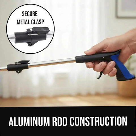 Ergonomic Rubber Lined Claw Reacher Tool For Seniors With No Slip Grip 360 Degree Rotating Head Foldable Trash Picker Handicap Helper Long Reach Grabber That Holds Up To Five Pounds Vertically And Two Pounds Horizontally Gorilla Grip, side view showing aluminum rod and metal clasp.