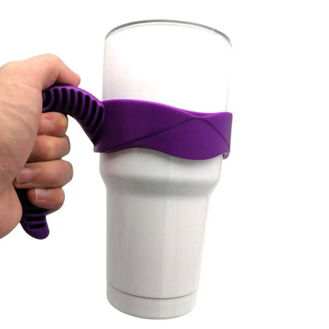 30 Oz Tumbler Handle With Anti Slip Grip For Vacuum Insulated Mugs shown in use, purple handle fitting a white 30 oz tumbler