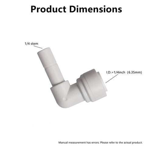 Water pipe stem elbow connector for 1/4 in tubing; 90-degree push-to-connect plastic fitting, RO system, pack of 10