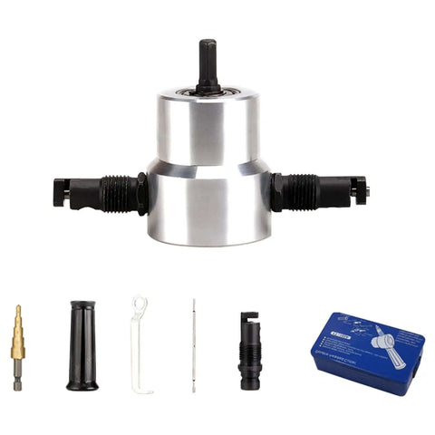 Two Head Sheet Metal Nibbler Cutter Built Tough 360 Degree Nibbler Drill Attachment with accessories for punching holes.
