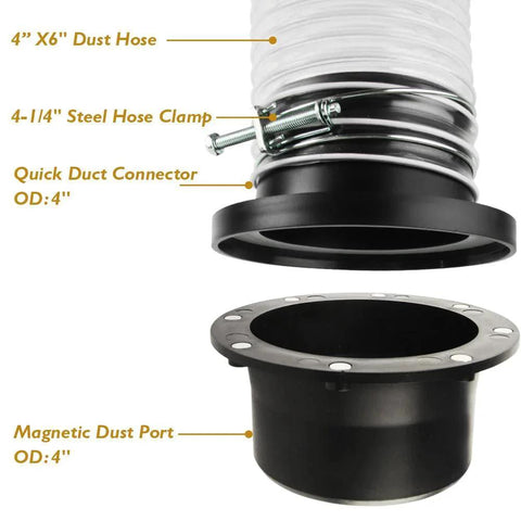 4 Inch Magnetic Dust Port Kit That Lets You Swap Between Tools Fast Fits Dust Collectors And Vacuums Includes Quick Duct Connectors Hose Clamps And Two 4 By 6 Inch Hoses DC06 OSKOOL with connectors and clamps.