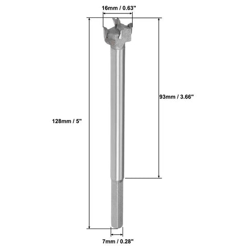 Forstner Drill Bit 16mm Tungsten Carbide Wood Hole Cutter for Woodworking Hex Shank 7mm 93mm Drilling Depth 128mm Total Length Heavy Duty Pro Grade Bit for Precise Hinge Hole Cuts Uxcell image showing dimensions