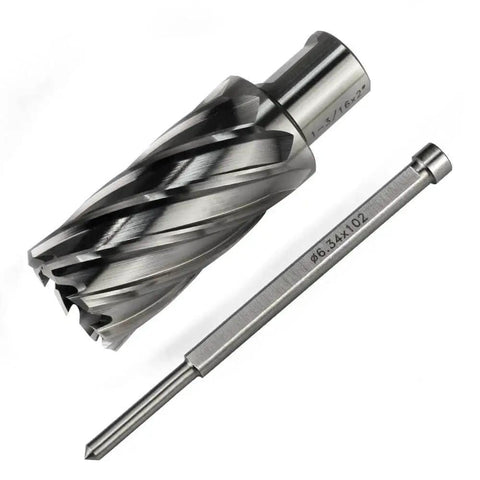 Pro Grade Annular Cutter Kit For Magnetic Drill Press With One And One Sixteenth Inch Cutting Diameter And Two Inch Depth Of Cut Weldon Shank Three Quarter Inch With Two Flat And Pilot Pin Thin Wall For Faster Holes OSCARBIDE showing cutter and pilot pin.