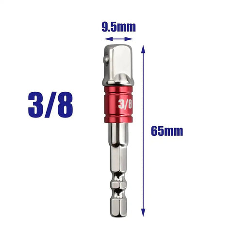 Nscdiew universal socket sleeve adapter, 3/8 in hex shank, chrome finish, red collar, 65mm long; fits 10-19mm sockets.