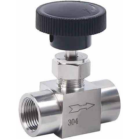 304 stainless steel needle valve with black knurled knob, NPT female fittings on both ends