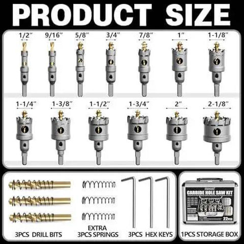 Heavy Duty 22 Piece Carbide Hole Saw Kit For Metal With Titanium Pilot And 3 L Wrenches Pro Grade TCT Cutters For Stainless Steel Iron Aluminum And Other Metals From FROOOK with product size details and components