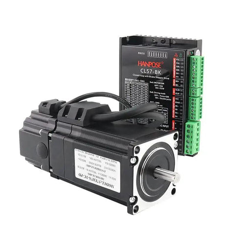 Servo motor with CL57-BK closed-loop driver; black motor, green terminal blocks, Hanpose branding.