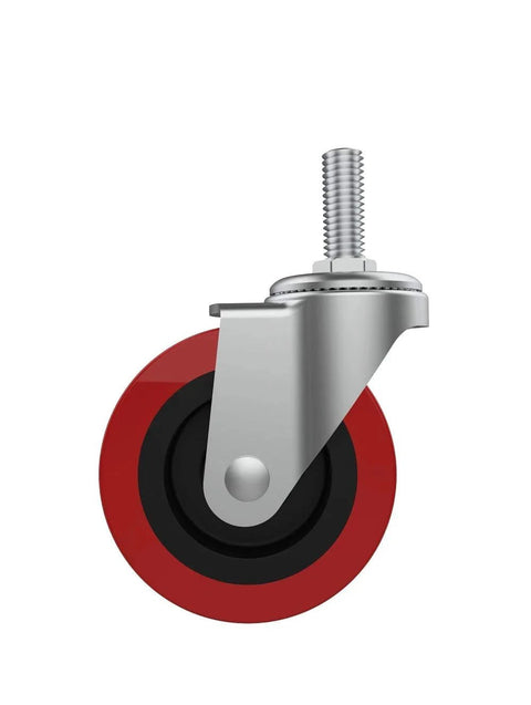 Six Pack 2.5 Inch Heavy Duty Swivel Caster Wheels With M10x25mm Threaded Post Mount for Creeper Carts, red wheel displayed