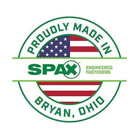SPAX logo with American flag, text 'Proudly Made in Bryan, Ohio' for Heavy Duty Three Eighths By Six Inch Exterior Hex Lag Screws