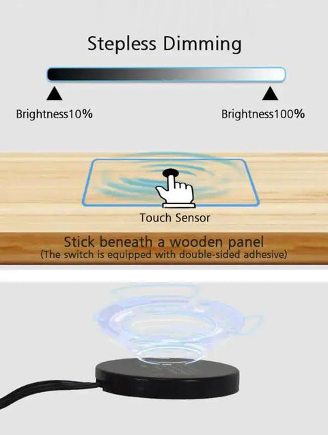 Diagram showing Hidden 12V Dimmer Switch With Stepless Brightness Touch Sensor through wood panel, highlighting adhesive installation.