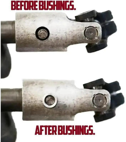 Comparison of steering column before and after installation of Blue Anodized Billet Aluminum Steering Column Sleeve and Bushings for Ram 03-19.