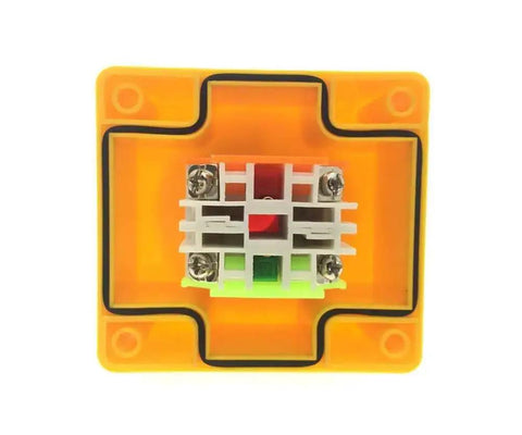 Back view of Emergency Stop Push Button Switch 660V 10A 2-Position DPST Momentary 1NO 1NC, orange panel mount with internal contacts.