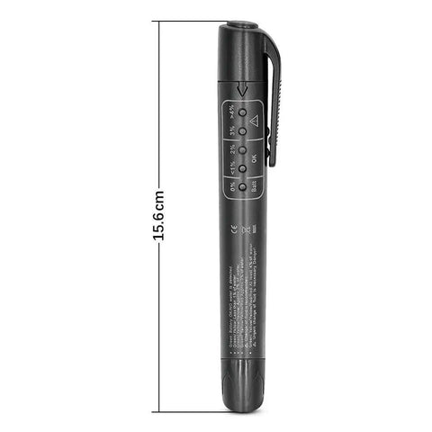 Brake fluid tester handheld with 5 LED indicators, black plastic body and belt clip, front view