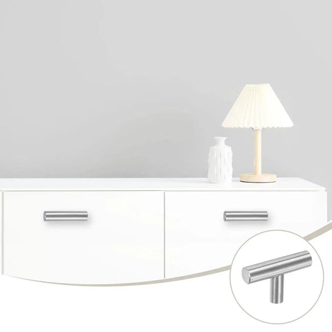 2-Pack Modern Stainless Steel T Bar Cabinet Knobs and Pulls, 2 Inch Single Hole Handles on white dresser drawers