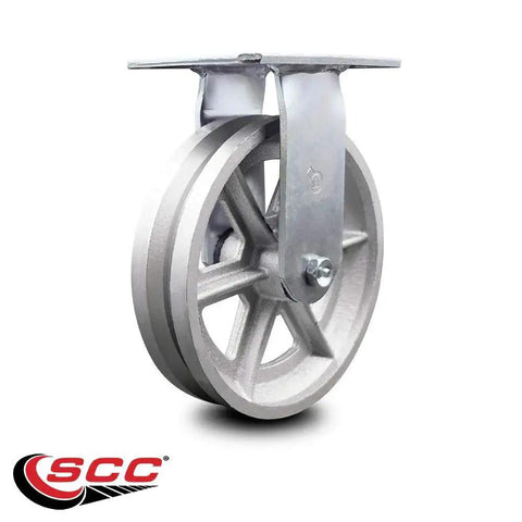 Heavy Duty Large Top Plate V Groove Semi Steel Swivel Caster With An 8 Inch By 2 Inch Silver Wheel And 1250 Lb Capacity