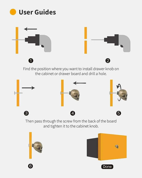 Installation guide for Skull Knob Set Four Pieces Zinc Alloy Heavy Duty Cabinet Pull Handles With Screws Bronze Finish.