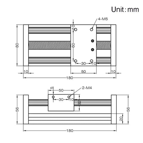 Technical diagram of 100mm Travel Length Double Optical Axis Guide Ballscrew SFU1605 With Hand Crank for DIY CNC Router.