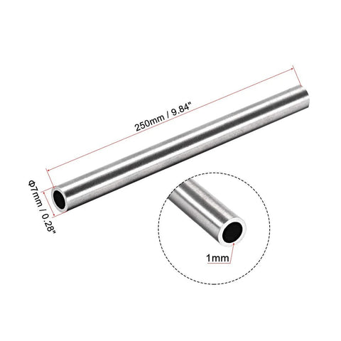 Stainless steel round tubing, 7 mm OD, 1 mm wall, 250 mm length, seamless.