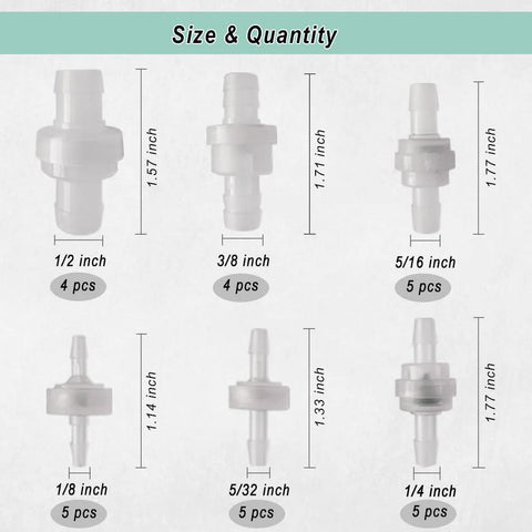 Plastic check valves set, plug-in barb, 28 pcs in sizes 1/8–1/2 in for liquids and gases.