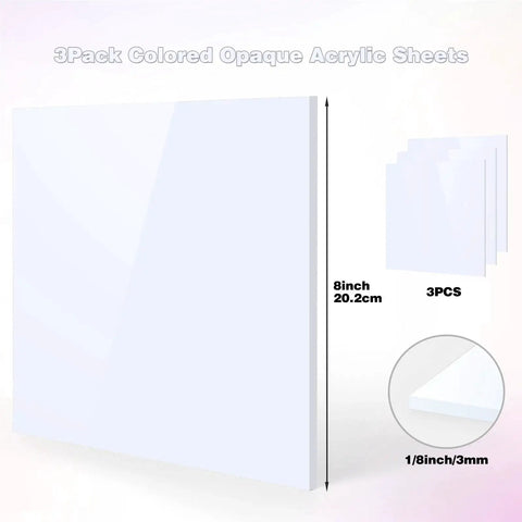 White Opaque Acrylic Sheets 3 Pack 8x8 Inches 1/8 Inch Thick 3mm Cast Acrylic For Laser Cutting And Engraving With Protective Paper