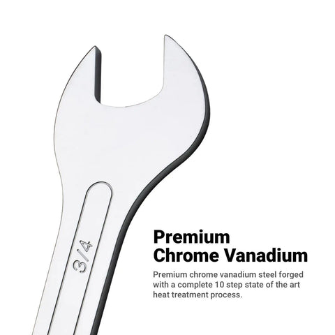 Ultra Thin Open End Wrench For Tight Clearance SAE One Half Inch By Nine Sixteenths Inch, Fifteen Degree Angled Head, Forged Steel