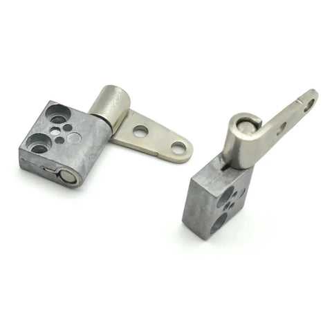 Front view of 2-piece metal damping hinge set with mounting arms and screw holes; silver finish, Amazon brand.