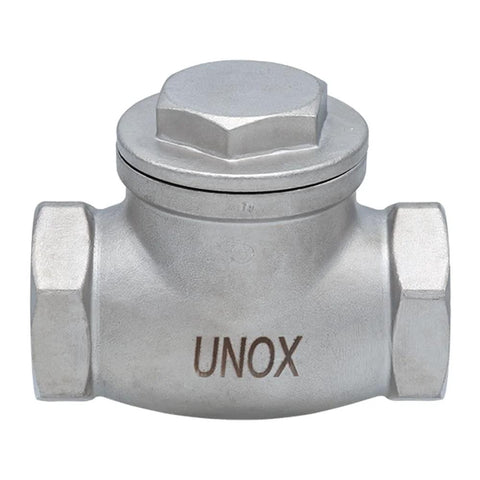 UNOX 1-inch stainless steel swing check valve with threaded ends, SS304 CF8, for backflow prevention.