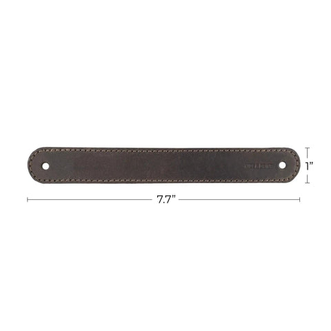 Set Of Four Full Grain Leather Drawer Handles Handmade In Bourbon Brown With Pre Made Holes For Easy Installation Durable And Stylish Furniture Hardware For Dressers Armoires And Cabinets Ideal For DIY Renovations, single handle view with dimensions