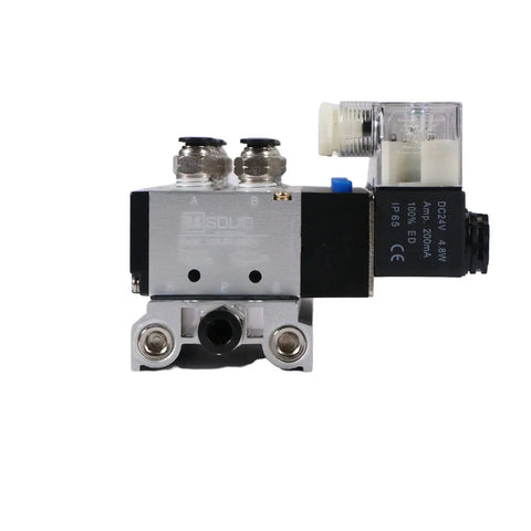 Front view of 4V210-08 Six Valve Pneumatic Solenoid Valves with 1/4 Inch NPT Threads, 2 Position 5 Way on compact manifold, DC 24V.