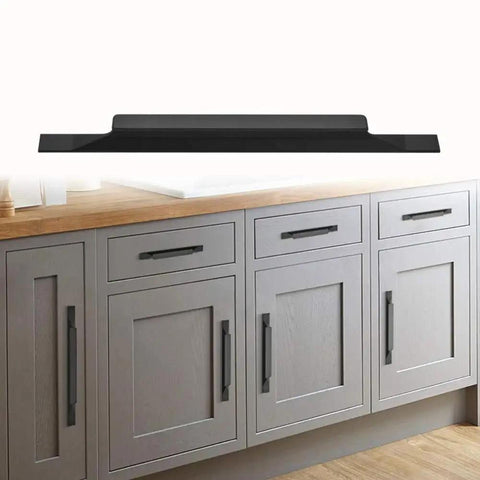 Black Cabinet Pulls 5 Pack Long 7.87 Inch Length With 5.04 Inch Center To Center Hole installed on gray kitchen cabinets