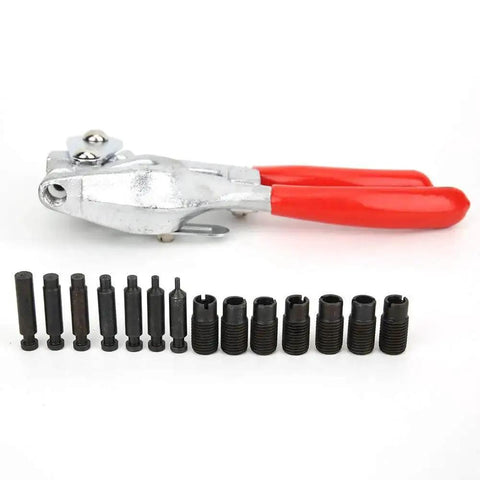 Metal Hole Punch Pliers Kit for Thin Sheets With Adjustable Depth and 16 Nozzles 2mm to 7mm, carbon steel body, close-up view.