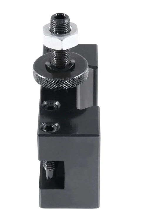 BXA Quick Change Turning And Facing Tool Holder For Lathe Style 1 With Five Eighths Inch Tool Capacity Fits 10 To 15 Inch Swing USA Style Post Durable Steel Construction 0250 0201 showing side view and steel material