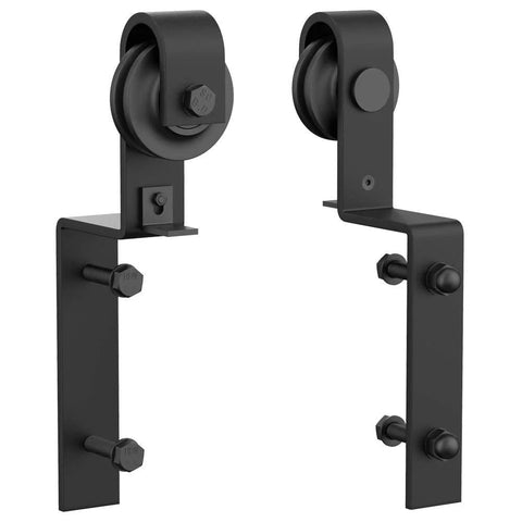 Bypass Barn Door Hardware Kit With Heavy Duty Roller Anti Jumper Floor Guide Stopper And Accessories, black metal rollers.