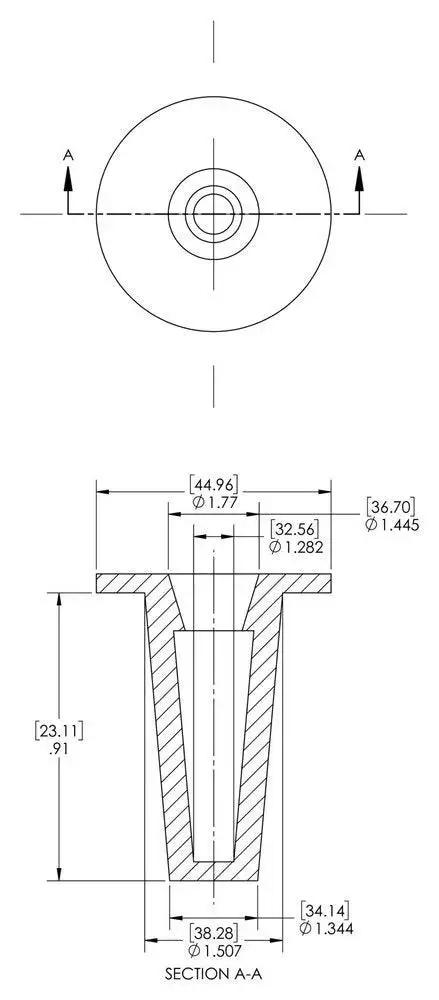 Technical drawing of Tapered Red LD PE Cap And Plug For T Series Protective Closures with dimensions OD 1.282 in, ID 1.507 in.