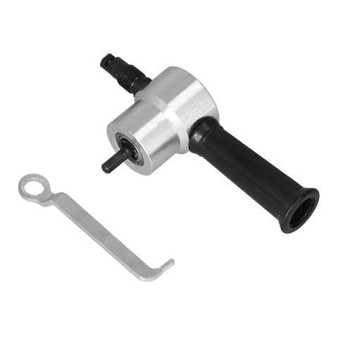Double Head Metal Nibbler Attachment For Cutting Iron, Stainless Steel And Aluminum Sheets At 1500 To 3000 RPM, shown with handle and tool
