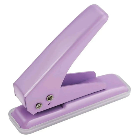 Purple heavy-duty single hole punch for up to fifteen sheets, metal handheld paper punch for ID cards, PVC, cardboard, and craft projects.