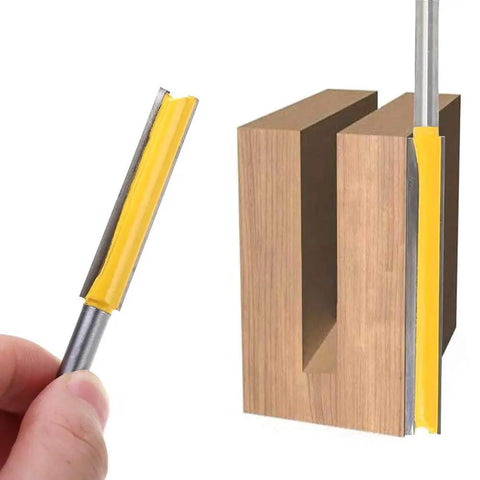 Two Piece Extra Long Straight Router Bit Set With One Quarter Inch Shank, Double Flute Grooving Bits For Trimming And Milling, installed in wood
