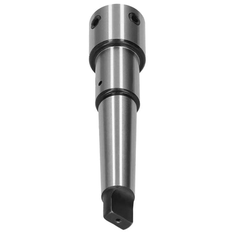 Weldon shank adapter sleeve for MT3 Morse taper; silver metal drill extension with two black collars.