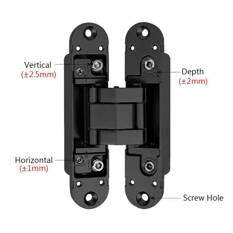 Hidden Door Hinges Set Concealed Invisible Hinges Heavy Duty Up To 132 Lbs 3D Adjustable Black with measurements visible