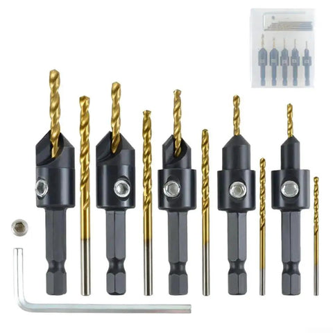 12 Piece Titanium Coated Countersink Drill Bit Set With Hex Shank For Precision Boring Chamfering And Reaming In Furniture Assembly Cabinetry And Woodworking Projects For Wood Carving Pros Pro Grade Heavy Duty Tooling