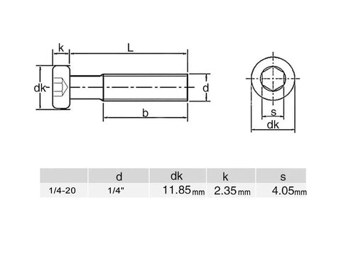 Technical diagram of 1/4-20x2 inch One Quarter Twenty Thread Flat Head Allen Bolts For Furniture 304 Stainless Steel Socket Cap Screws.