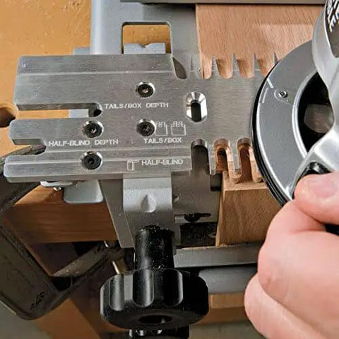 Using Dovetail Jig Kit For Woodworking With Mini Templates 4211 4213 And 4215 for half blind dovetails on wood panel.