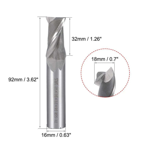 High Speed Steel HSS Two Flute End Mill Cutter For CNC Router Bits 18mm Diameter 16mm Shank 32mm Cutting Length 92mm Overall Length Ideal For Side Milling And End Milling Of Carbon Steel Die Steel Cast Iron Titanium And Soft Alloy side view