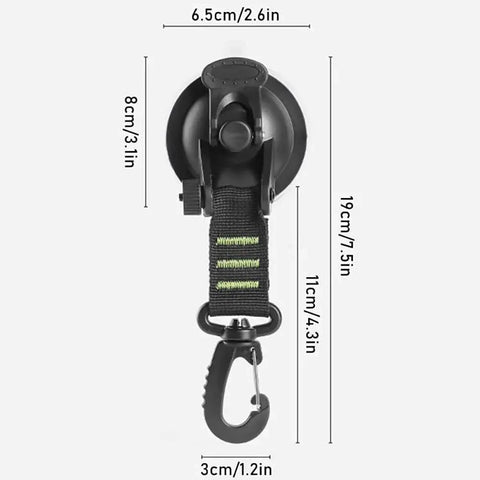Heavy Duty Suction Cup Anchors With Securing Hook 4 Pack, Green, front view with dimensions shown.