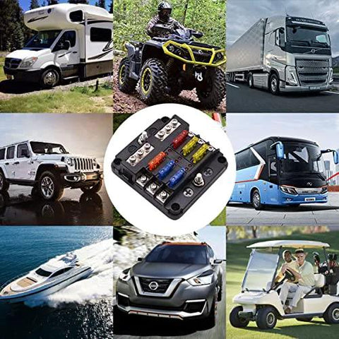 Waterproof 6 Way Fuse Block With Ground Negative Busbar, 100 Amp Max, LED Indicator for vehicles, yachts, RVs, golf carts
