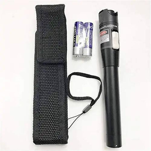 50mW VFL Fiber Optic Visual Fault Locator Pen for long range testing up to 26km, shown with carrying case and batteries