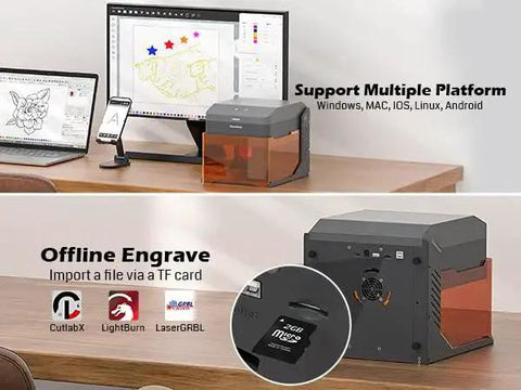 Portable 10W Laser Engraver For Home Use With Acrylic Enclosure And Lightweight Engraving Area Delivers Fast Engraving Up To Twelve Thousand Millimeters Per Minute And Zero Point Zero One Millimeter Precision Safety Class One Genmitsu on desk with computer and devices.